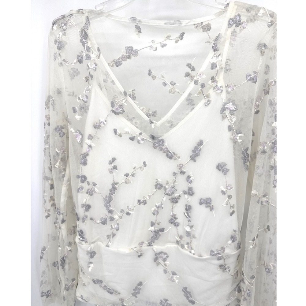 White House Black Market Womens Embroidered Mesh Blouse Small White Floral Sheer - Picture 3 of 9